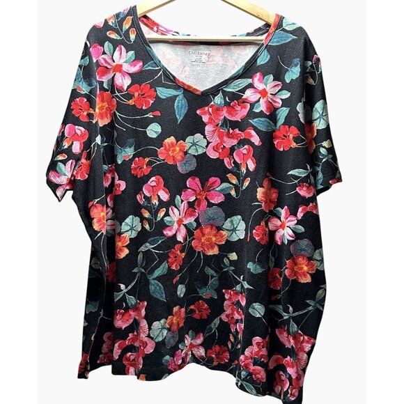 Catherines Petite Black Floral‎ Pull Over Blouse V Neck Flowy Comfort Size 2X WP - Picture 1 of 8
